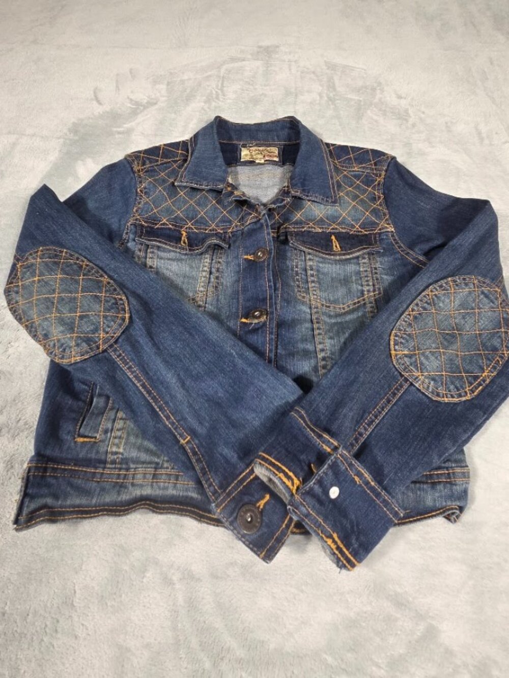 Dollhouse Vintage Y2K Quilted Blue Elbow Patches Denim Jacket Contrast Stitch, M